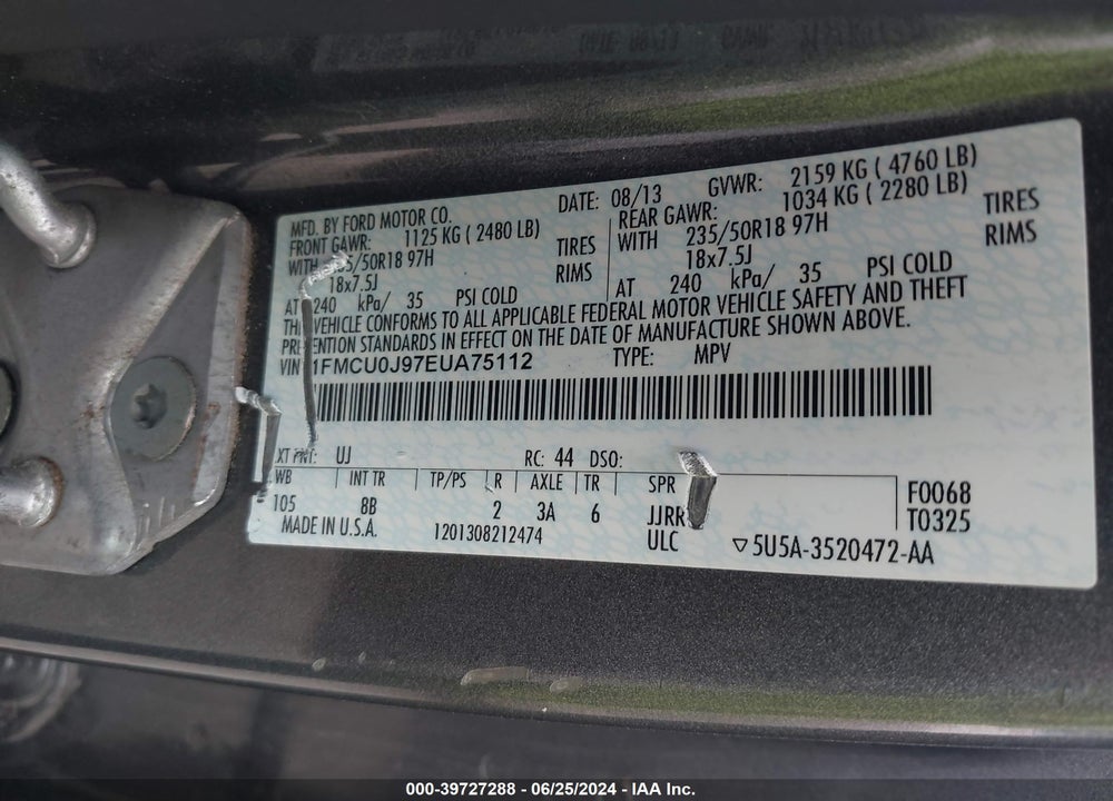 2014 FORD ESCAPE TITANIUM VIN: 1FMCU0J97EUA75112