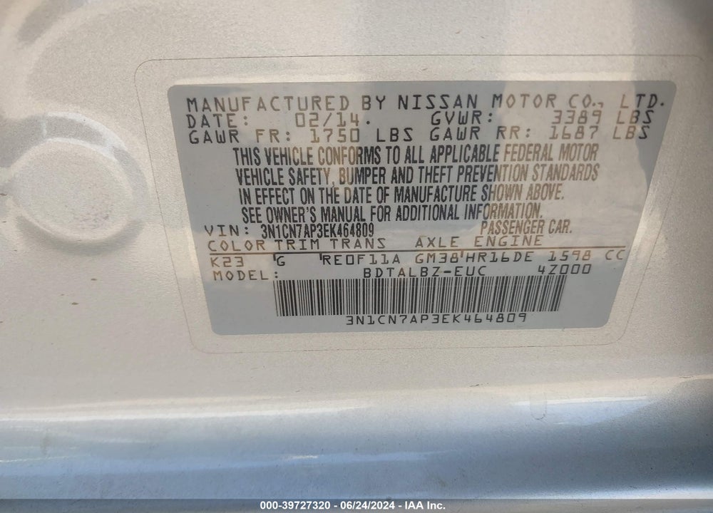 2014 NISSAN VERSA 1.6 SV VIN: 3N1CN7AP3EK464809