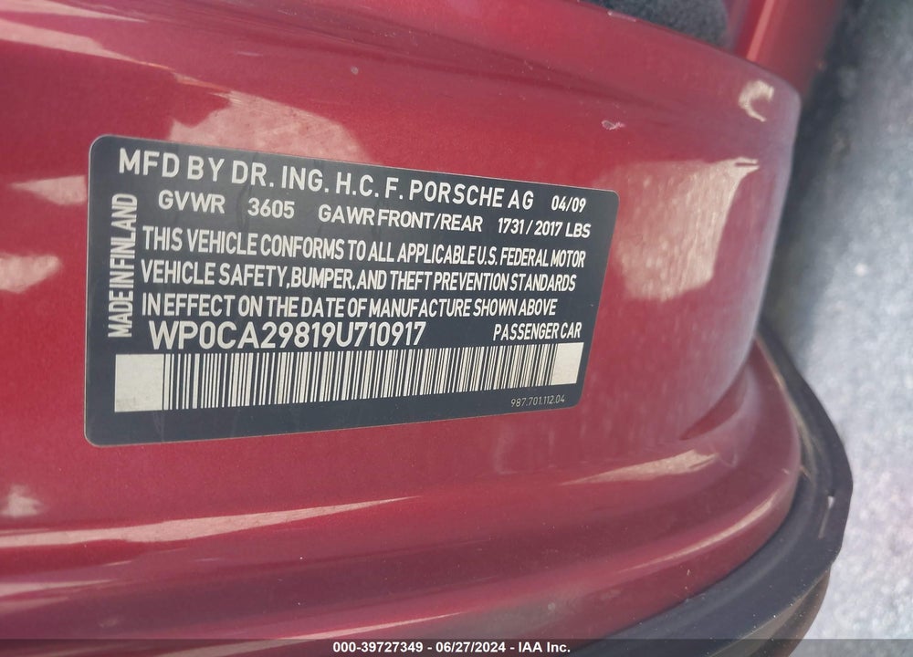 2009 PORSCHE BOXSTER VIN: WP0CA29819U710917