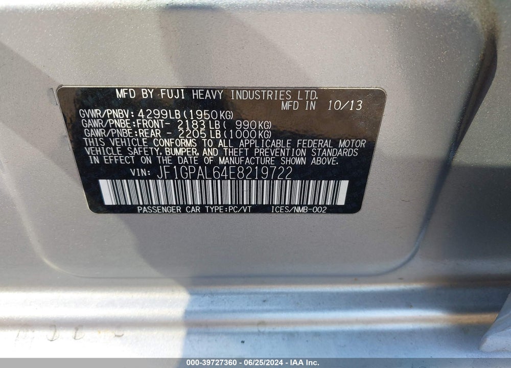 2014 SUBARU IMPREZA 2.0I SPORT PREMIUM VIN: JF1GPAL64E8219722
