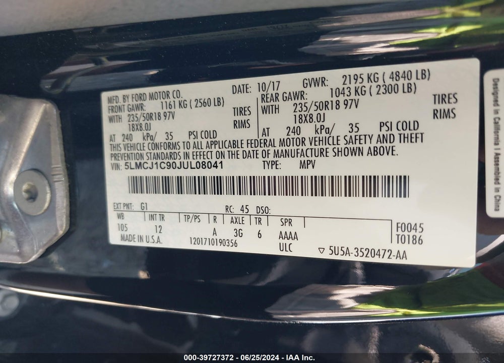 2018 LINCOLN MKC PREMIERE VIN: 5LMCJ1C90JUL08041