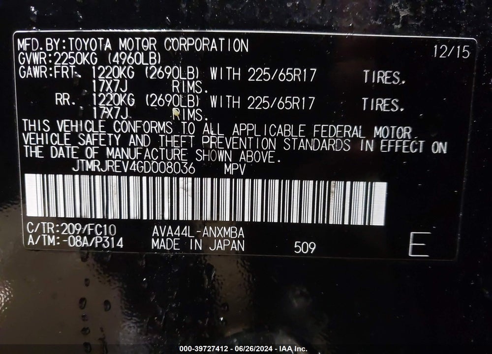 2016 TOYOTA RAV4 HYBRID XLE VIN: JTMRJREV4GD008036