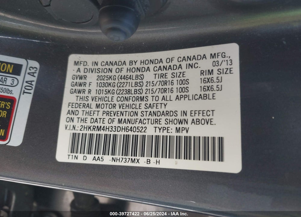 2013 HONDA CR-V LX VIN: 2HKRM4H33DH640522