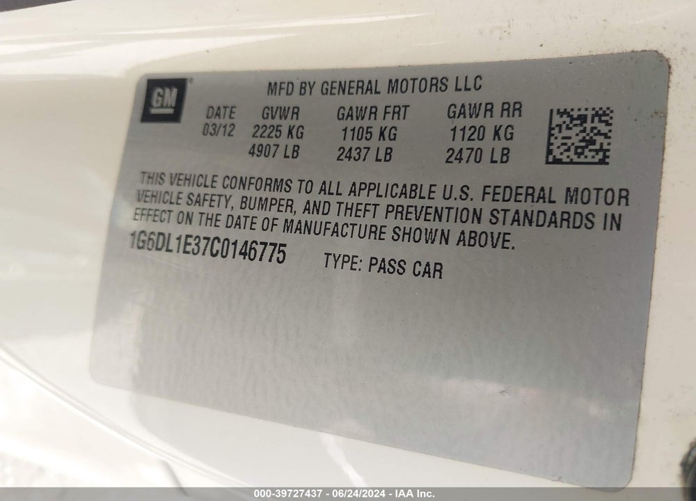 2012 CADILLAC CTS PERFORMANCE VIN: 1G6DL1E37C0146775