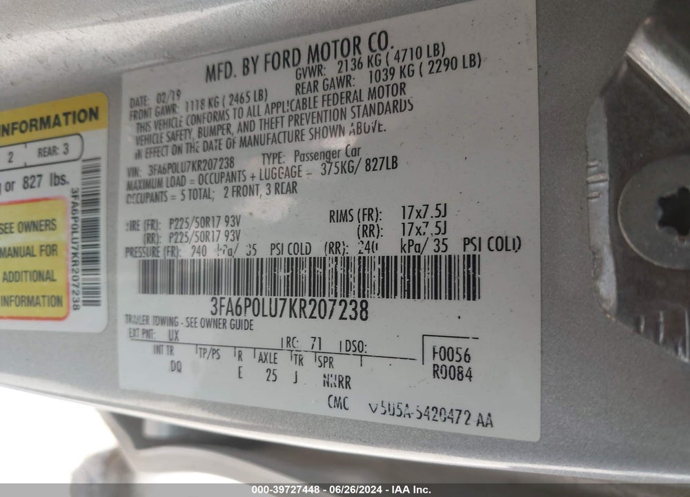 2019 FORD FUSION HYBRID SE VIN: 3FA6P0LU7KR207238