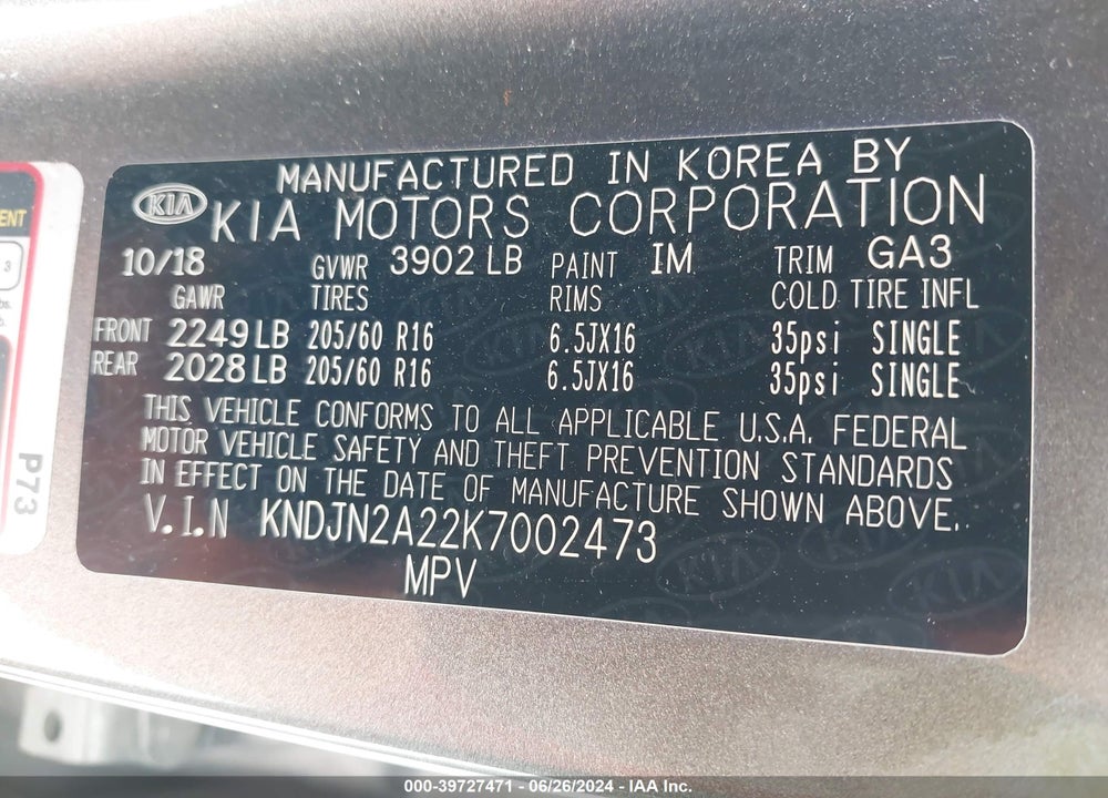 2019 KIA SOUL VIN: KNDJN2A22K7002473
