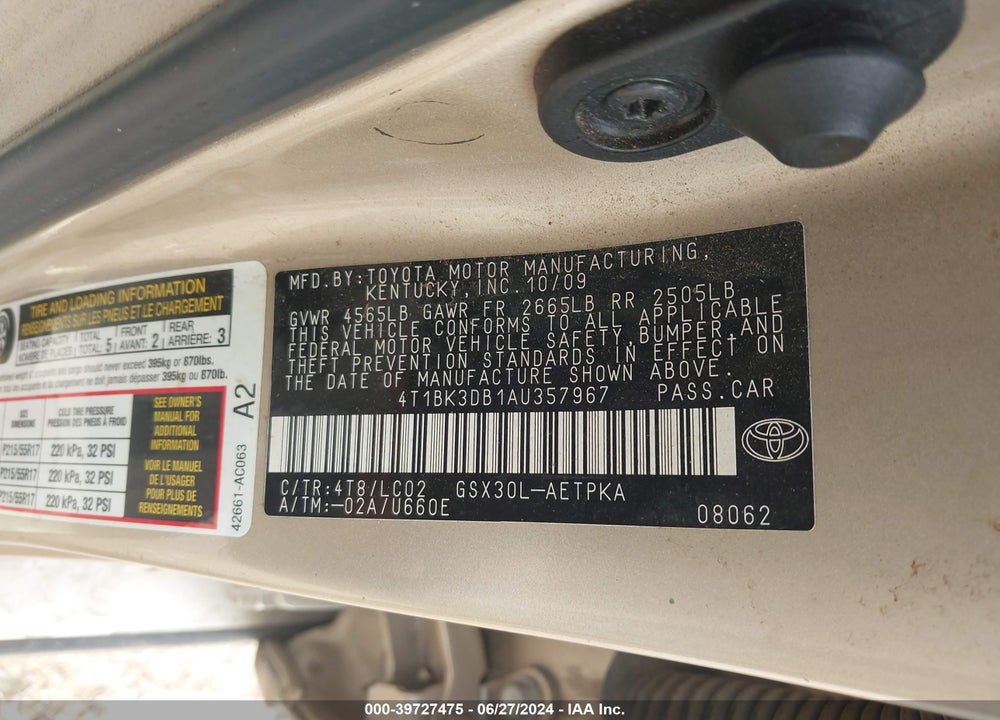 2010 TOYOTA AVALON VIN: 4T1BK3DB1AU357967
