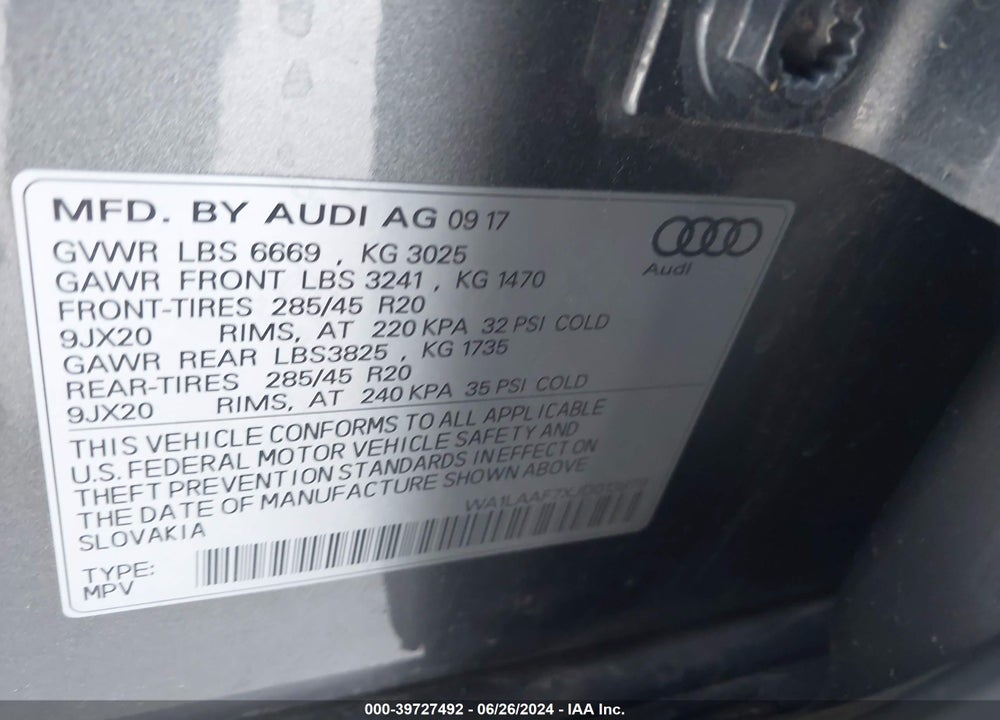 2018 AUDI Q7 3.0T PREMIUM VIN: WA1LAAF7XJD013878
