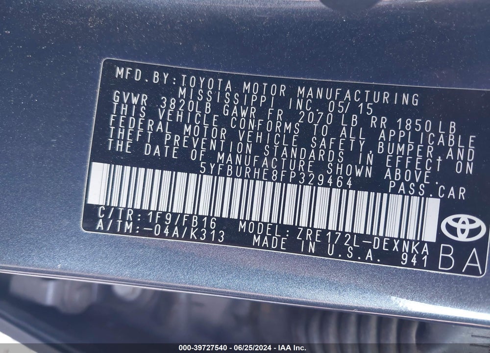 2015 TOYOTA COROLLA LE VIN: 5YFBURHE8FP329464