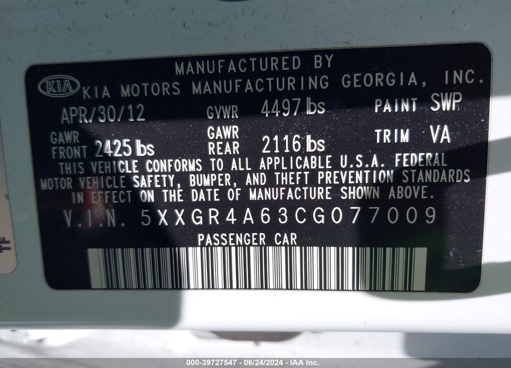 2012 KIA OPTIMA SX VIN: 5XXGR4A63CG077009