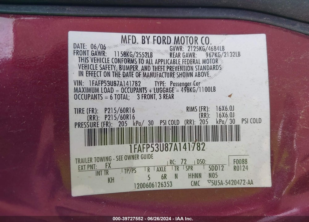 2007 FORD TAURUS SE VIN: 1FAFP53U87A141782