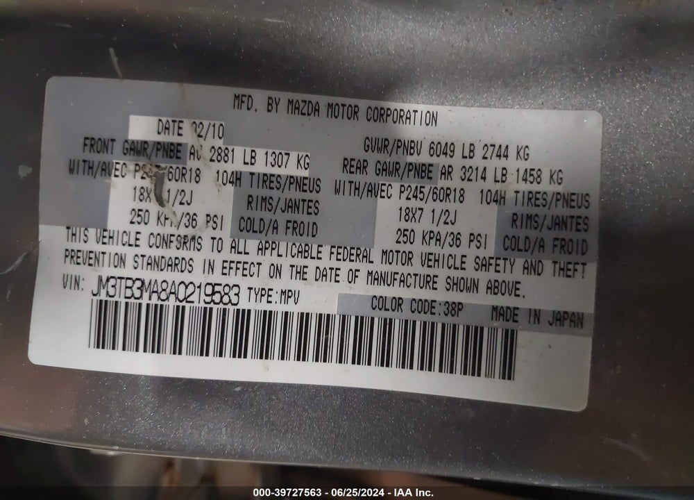 2010 MAZDA CX-9 SPORT VIN: JM3TB3MA8A0219583