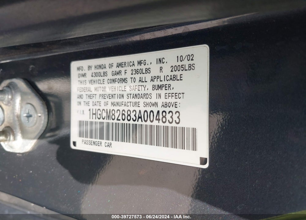 2003 HONDA ACCORD 3.0 EX VIN: 1HGCM82683A004833