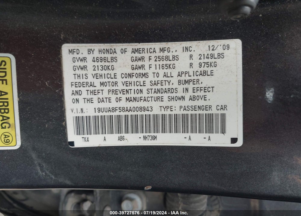 2010 ACURA TL 3.5 VIN: 19UUA8F58AA008943