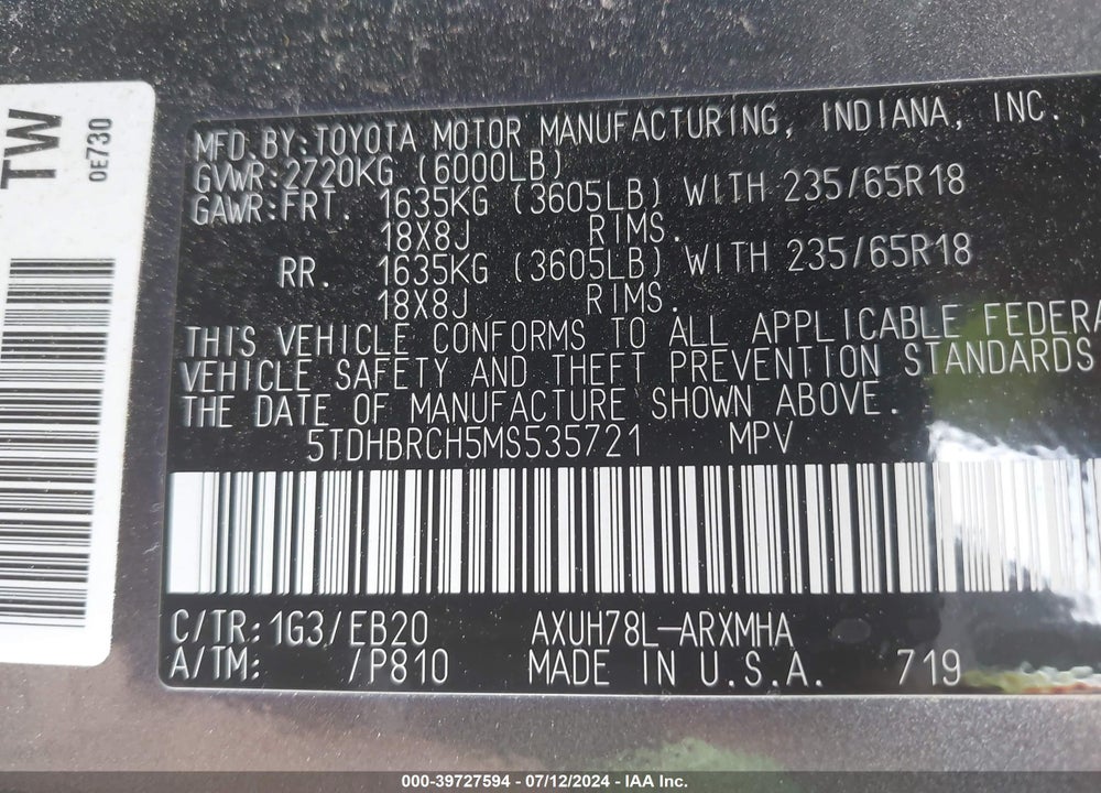 2021 TOYOTA HIGHLANDER HYBRID XLE VIN: 5TDHBRCH5MS535721