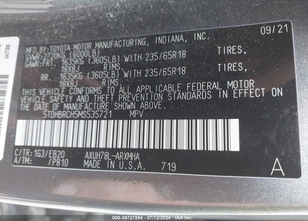 2021 TOYOTA HIGHLANDER HYBRID XLE VIN: 5TDHBRCH5MS535721