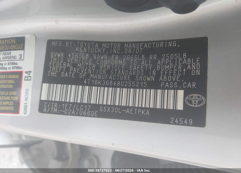 2008 TOYOTA AVALON LIMITED VIN: 4T1BK36B48U255215