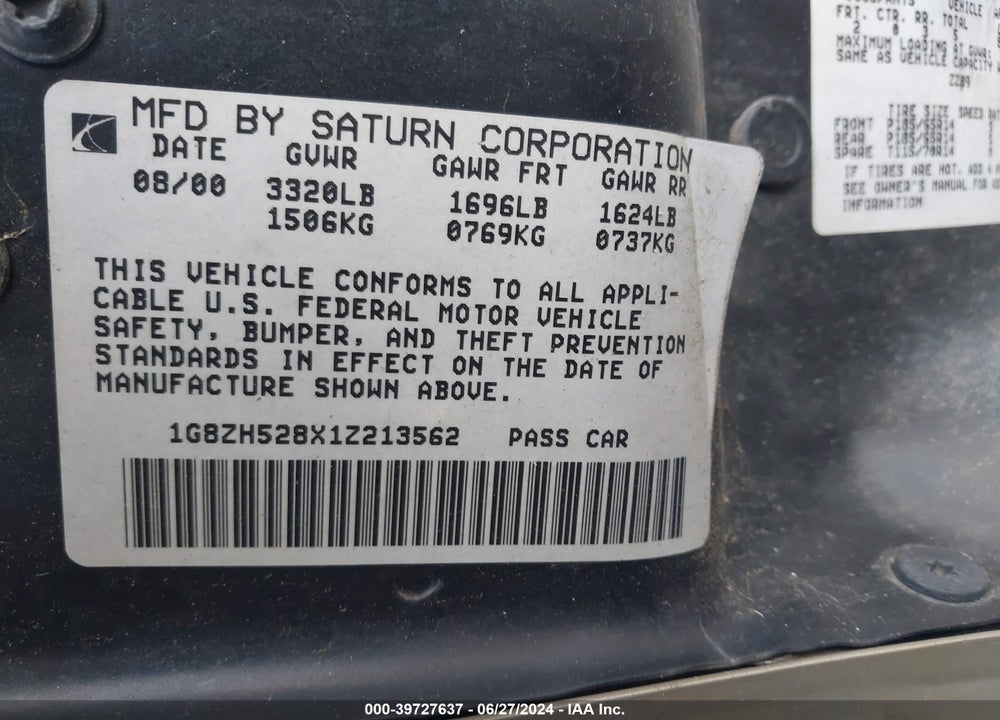 2001 SATURN SL1 VIN: 1G8ZH528X1Z213562