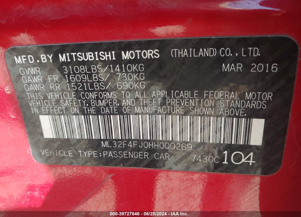 2017 MITSUBISHI MIRAGE G4 SE VIN: ML32F4FJ0HH000269