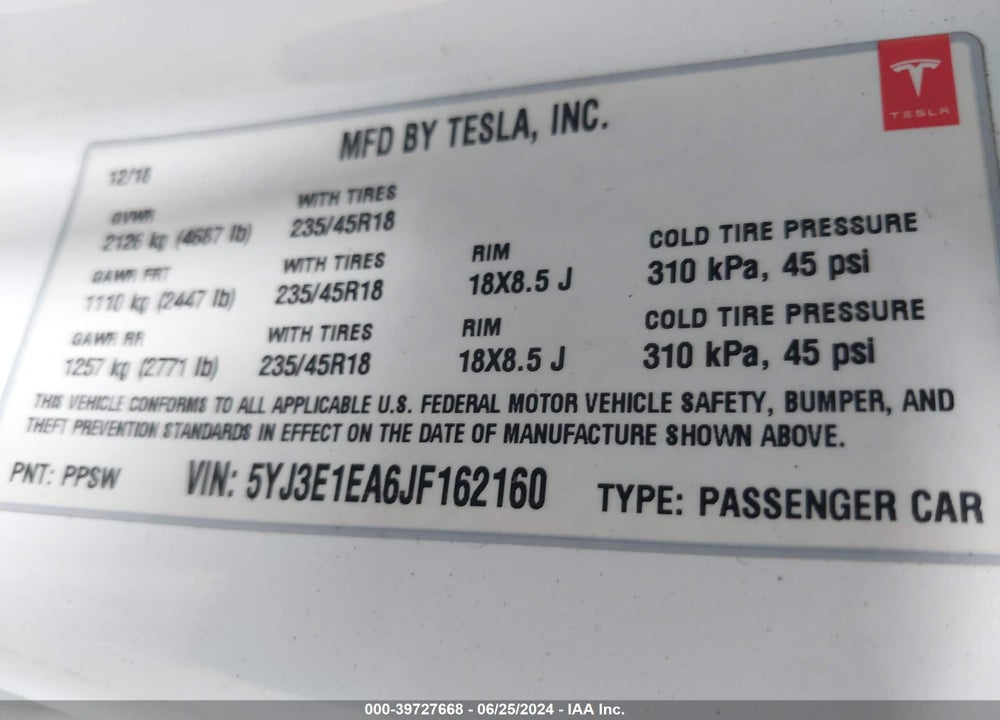 2018 TESLA MODEL 3 LONG RANGE/MID RANGE VIN: 5YJ3E1EA6JF162160