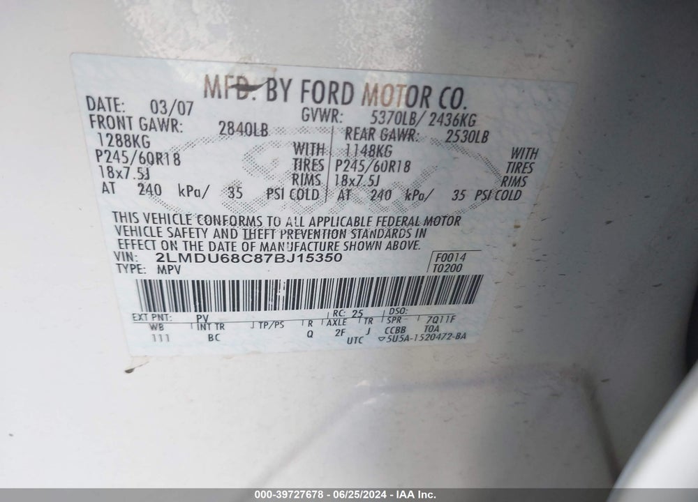 2007 LINCOLN MKX VIN: 2LMDU68C87BJ15350