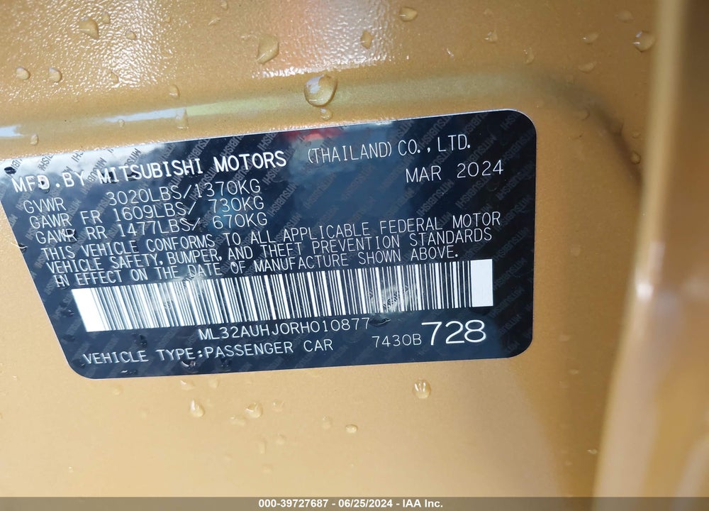 2024 MITSUBISHI MIRAGE ES VIN: ML32AUHJ0RH010877