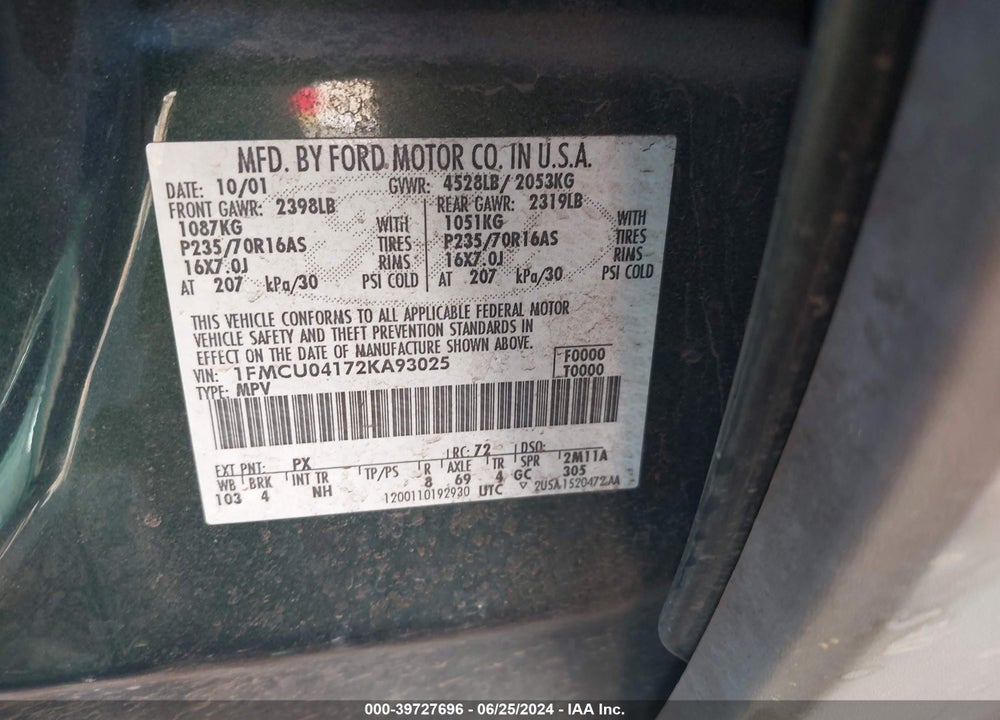 2002 FORD ESCAPE XLT VIN: 1FMCU04172KA93025
