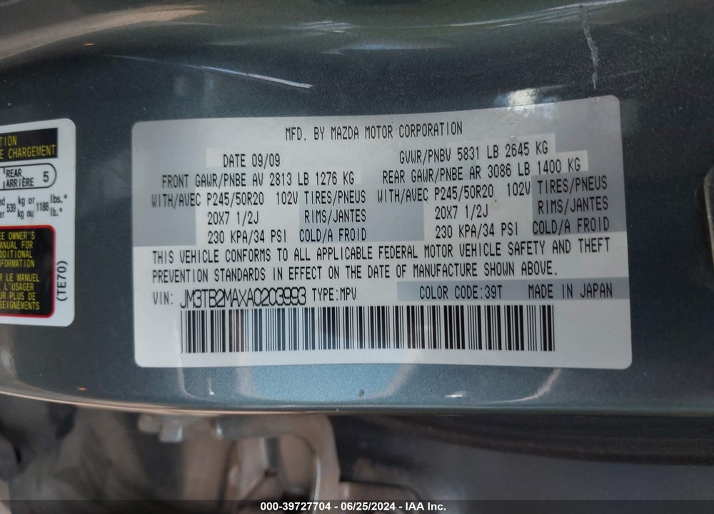 2010 MAZDA CX-9 GRAND TOURING VIN: JM3TB2MAXA0203993