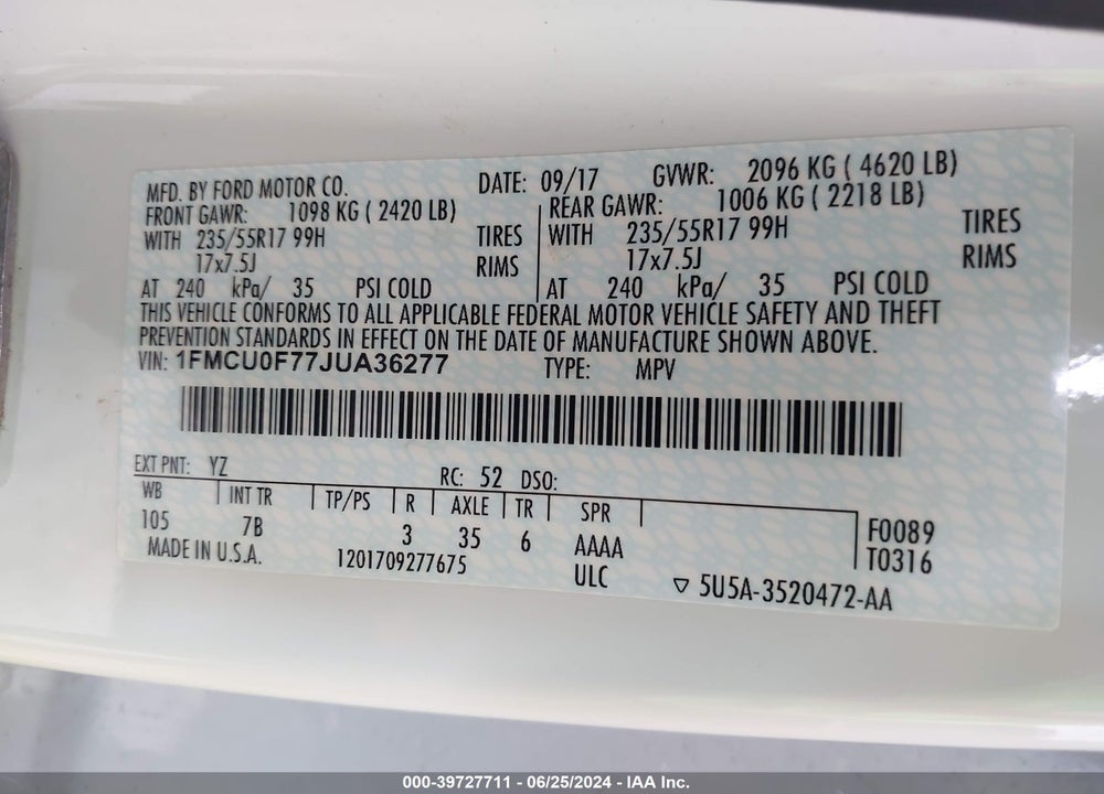 2018 FORD ESCAPE S VIN: 1FMCU0F77JUA36277