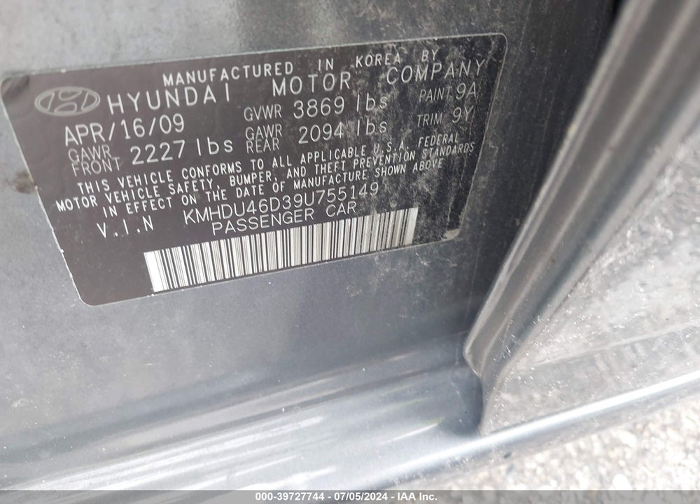 2009 HYUNDAI ELANTRA SE VIN: KMHDU46D39U755149