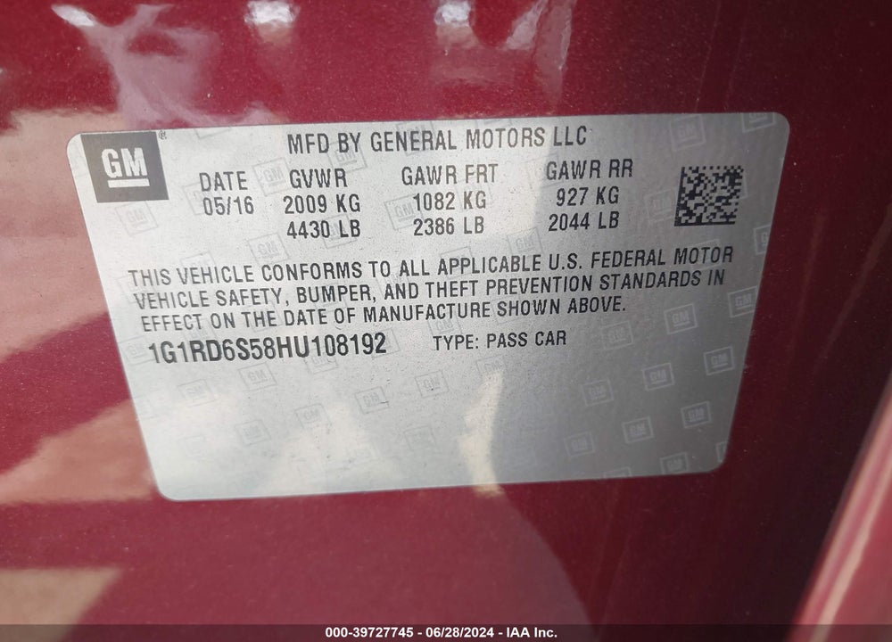 2017 CHEVROLET VOLT PREMIER VIN: 1G1RD6S58HU108192