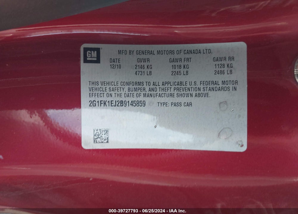 2011 CHEVROLET CAMARO 2SS VIN: 2G1FK1EJ2B9145859