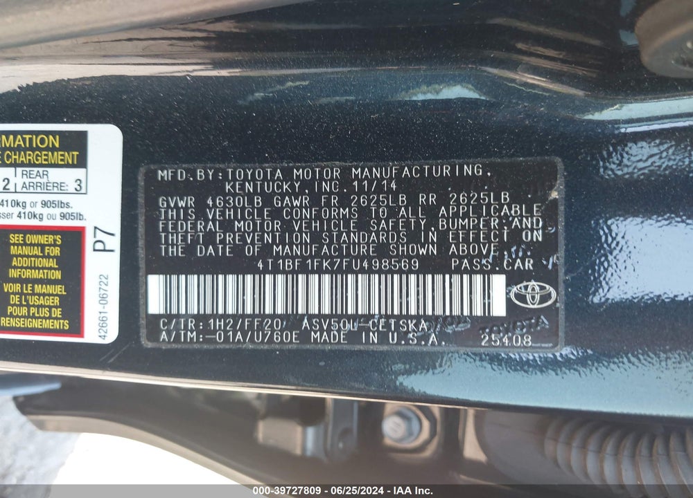 2015 TOYOTA CAMRY SE VIN: 4T1BF1FK7FU498569