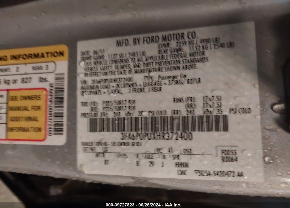2017 FORD FUSION VIN: 3FA6P0PUXHR372400