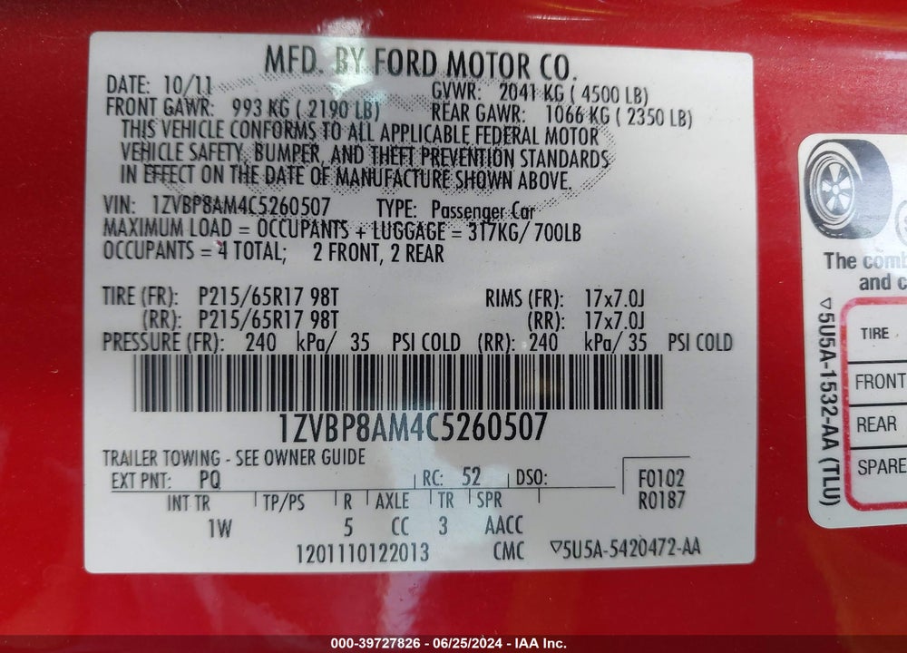 2012 FORD MUSTANG V6 VIN: 1ZVBP8AM4C5260507