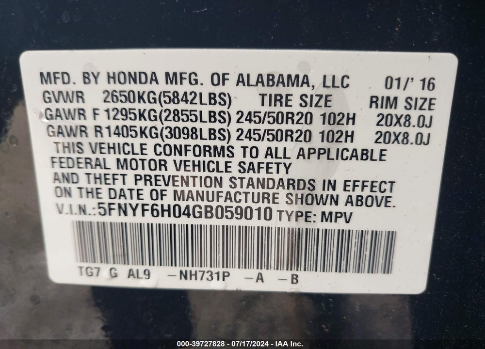 2016 HONDA PILOT ELITE VIN: 5FNYF6H04GB059010