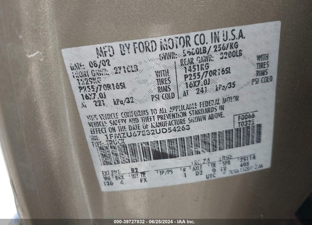 2002 FORD EXPLORER SPORT TRAC VIN: 1FMZU67E32UD54263