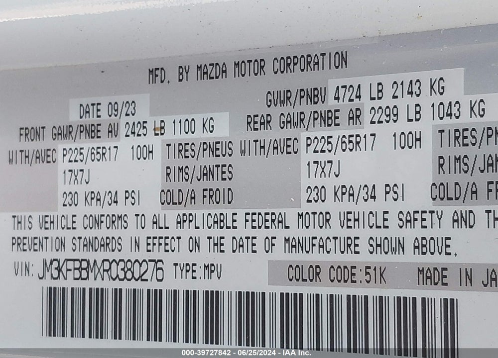 2024 MAZDA CX-5 2.5 S SELECT VIN: JM3KFBBMXR0380276