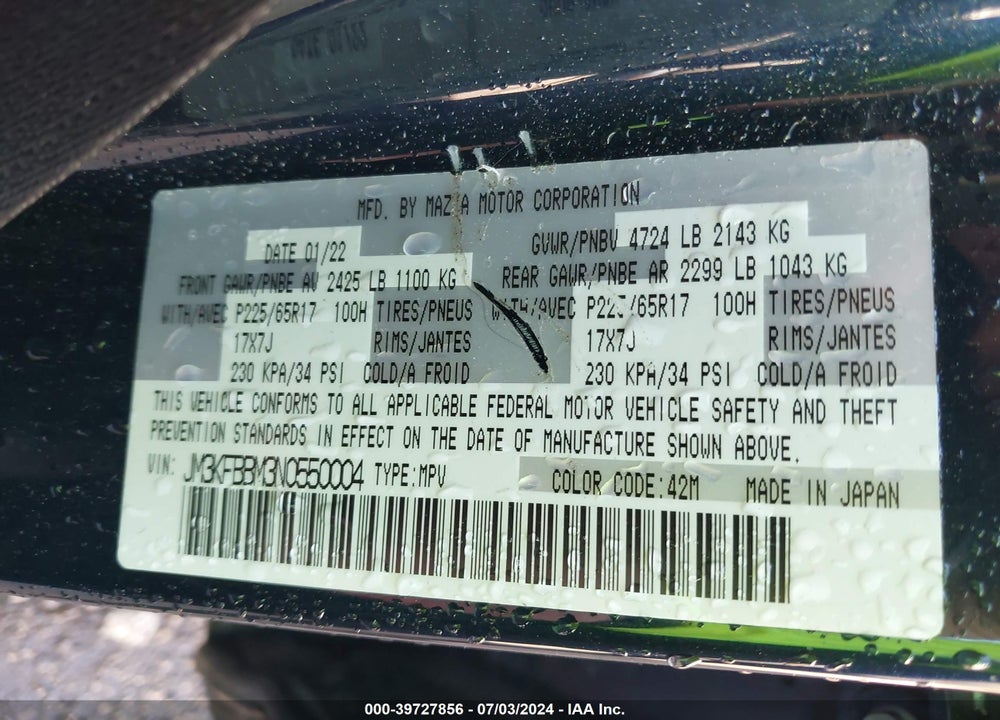 2022 MAZDA CX-5 2.5 S SELECT VIN: JM3KFBBM3N0550004