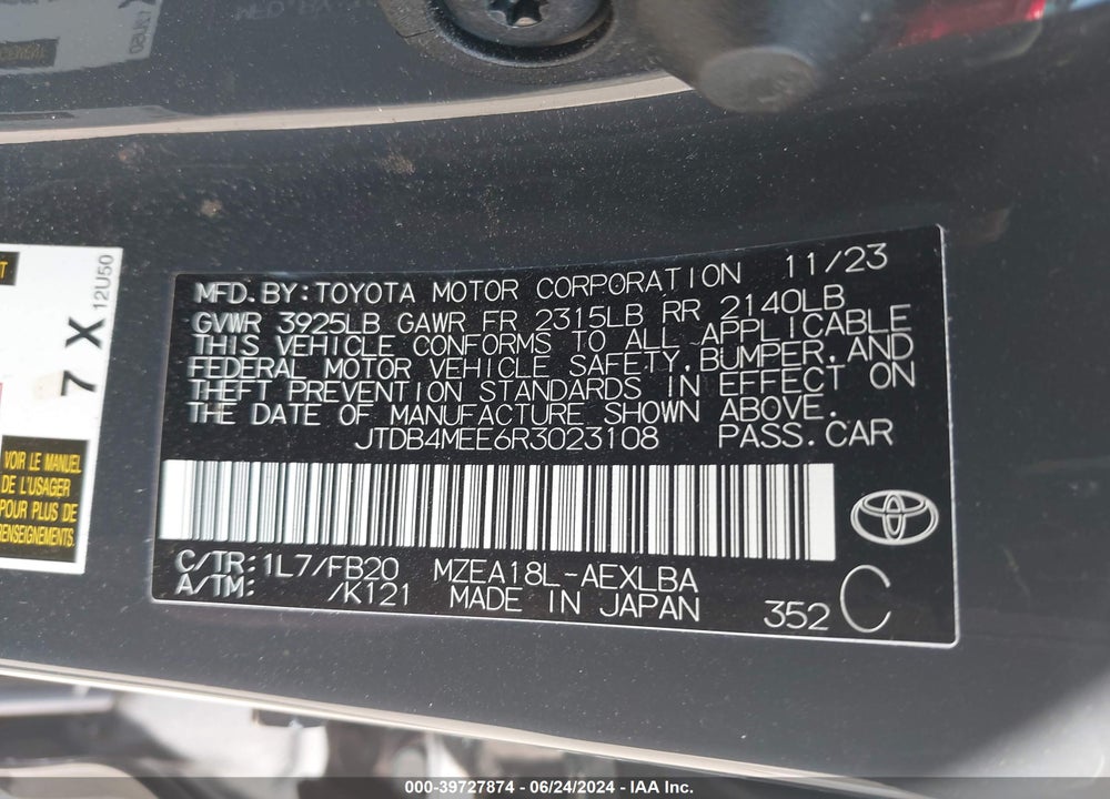 2024 TOYOTA COROLLA LE VIN: JTDB4MEE6R3023108
