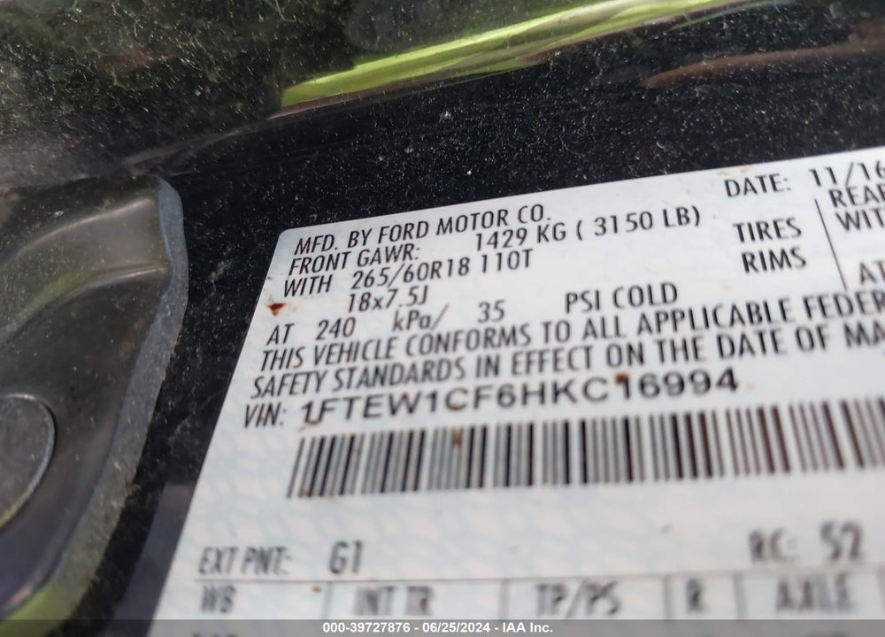 2017 FORD F-150 XLT VIN: 1FTEW1CF6HKC16994