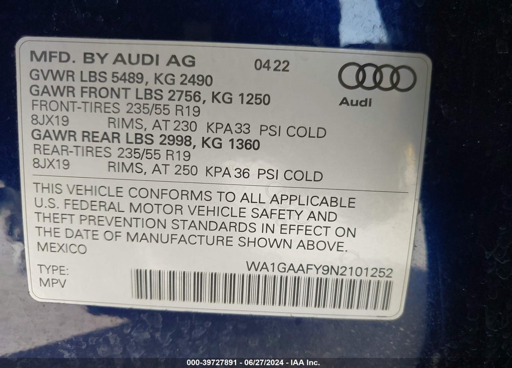 2022 AUDI Q5 PREMIUM 45 TFSI S LINE QUATTRO S TRONIC VIN: WA1GAAFY9N2101252