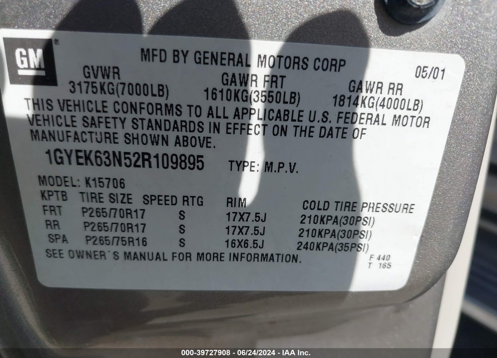 2002 CADILLAC ESCALADE STANDARD VIN: 1GYEK63N52R109895