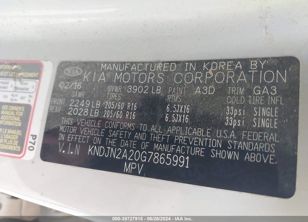 2016 KIA SOUL VIN: KNDJN2A20G7865991