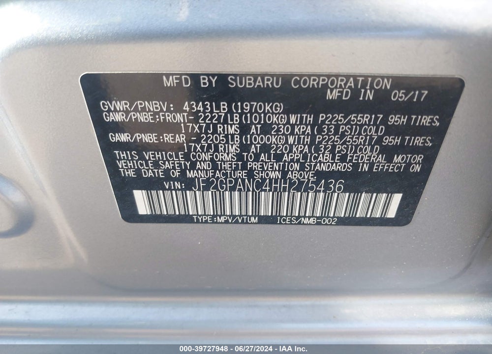 2017 SUBARU CROSSTREK 2.0I LIMITED VIN: JF2GPANC4HH275436
