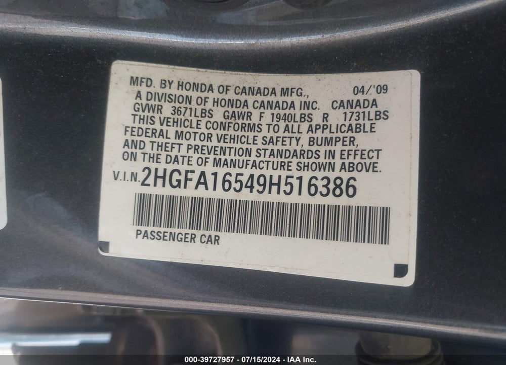 2009 HONDA CIVIC VIN: 2HGFA16549H516386