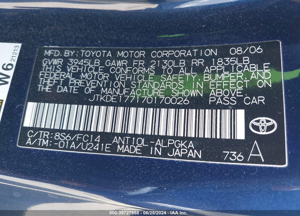 2007 SCION TC VIN: JTKDE177170170026