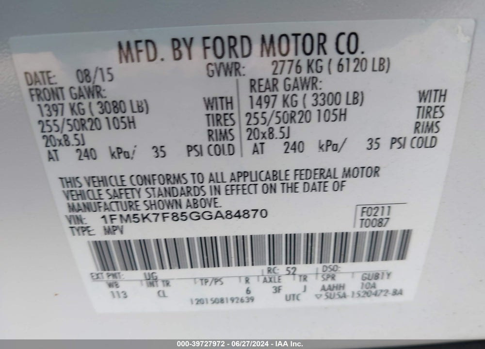 2016 FORD EXPLORER LIMITED VIN: 1FM5K7F85GGA84870