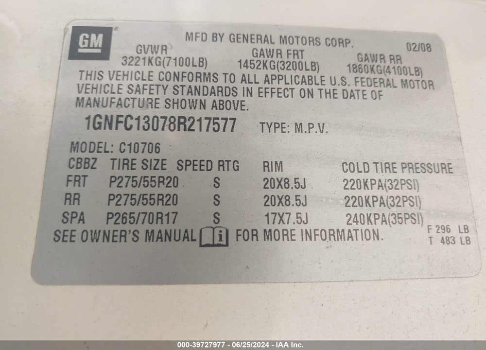 2008 CHEVROLET TAHOE LTZ VIN: 1GNFC13078R217577