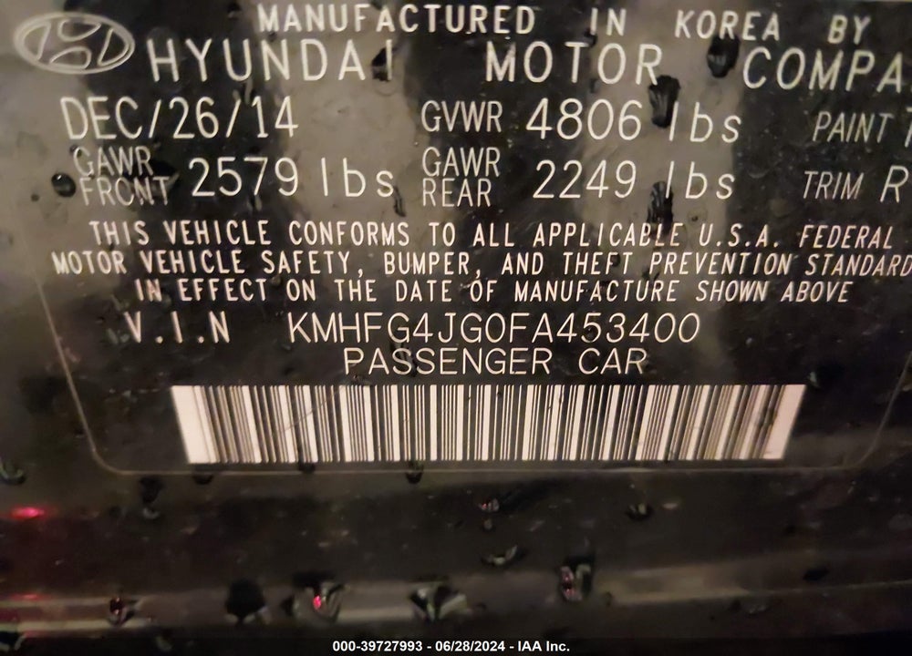 2015 HYUNDAI AZERA VIN: KMHFG4JG0FA453400